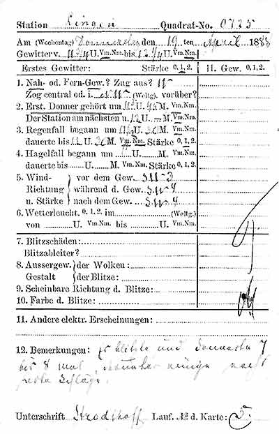 Gewitter-Beobachtung vom 19.04.1888 auf Dienst-Vordruck-Ganzsache an das Köiglich Preußische Meteorologische Institut