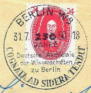 Briefmarken und Stempel - G. W. Leibnitz aus der 'Akademie-Serie' der DDR von 1950, zum 250-jährigen Jubiläum der Akademie-Gründung, mit Ersttagsstempel vom 31.07.1950