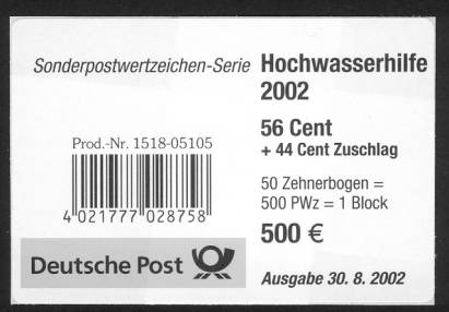Sonderpostwertzeichen der Deutschen Post zur Hochwasserhilfe 2002