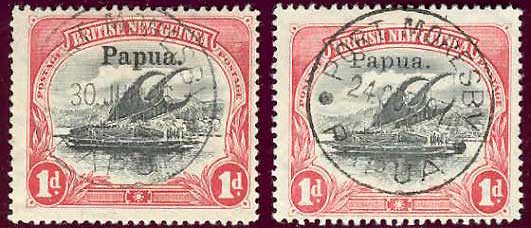 Briefmarken - links Aufdruck von 1906 aus Port Moresby - rechts Aufdruck von 1907 aus Brisbane